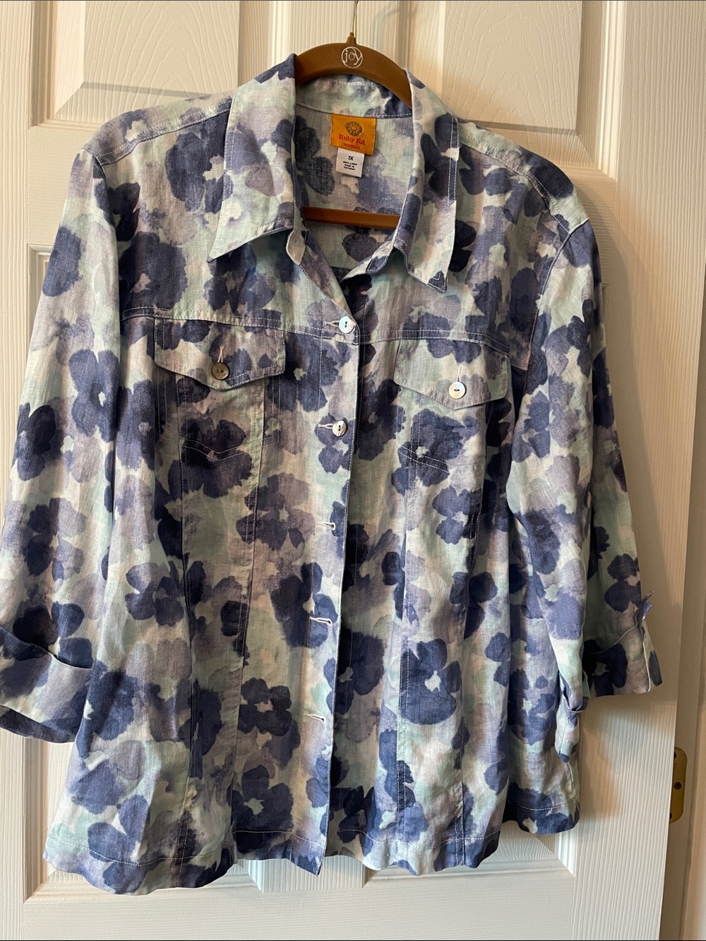 Ruby Rd. Woman Blue Floral Linen Button-Down Shirt - Picture 2 of 12